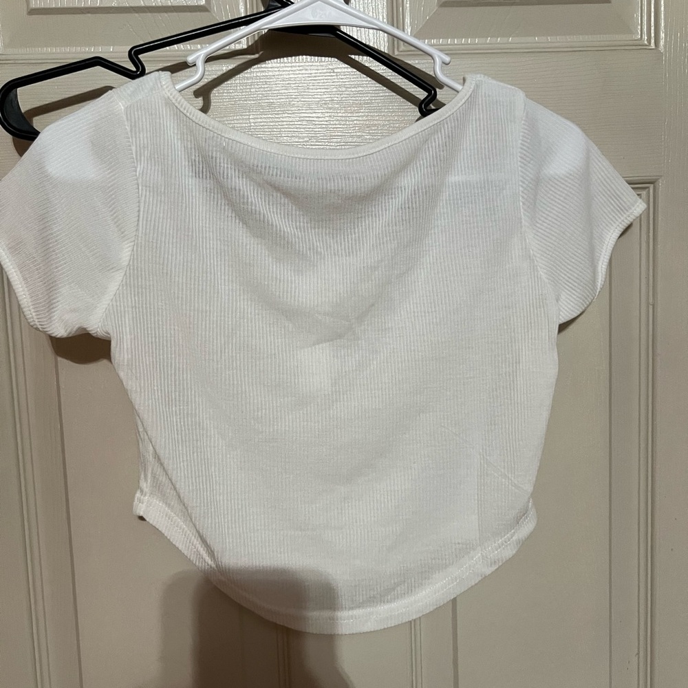 White Ribbed Button-Up Women's Top - Picture 2 of 2